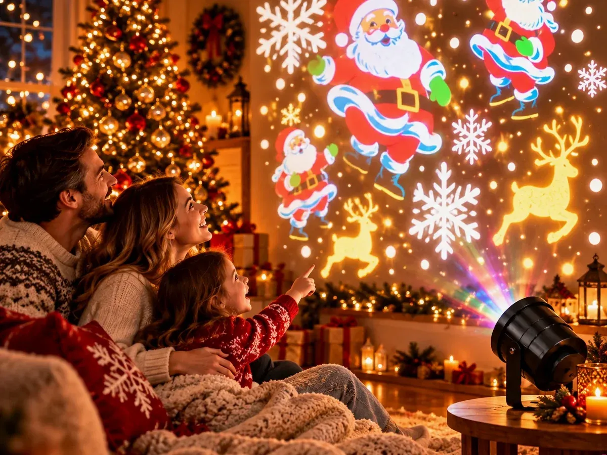 Parents and daughter watching Holiday Prism Christmas projections on their living room wall