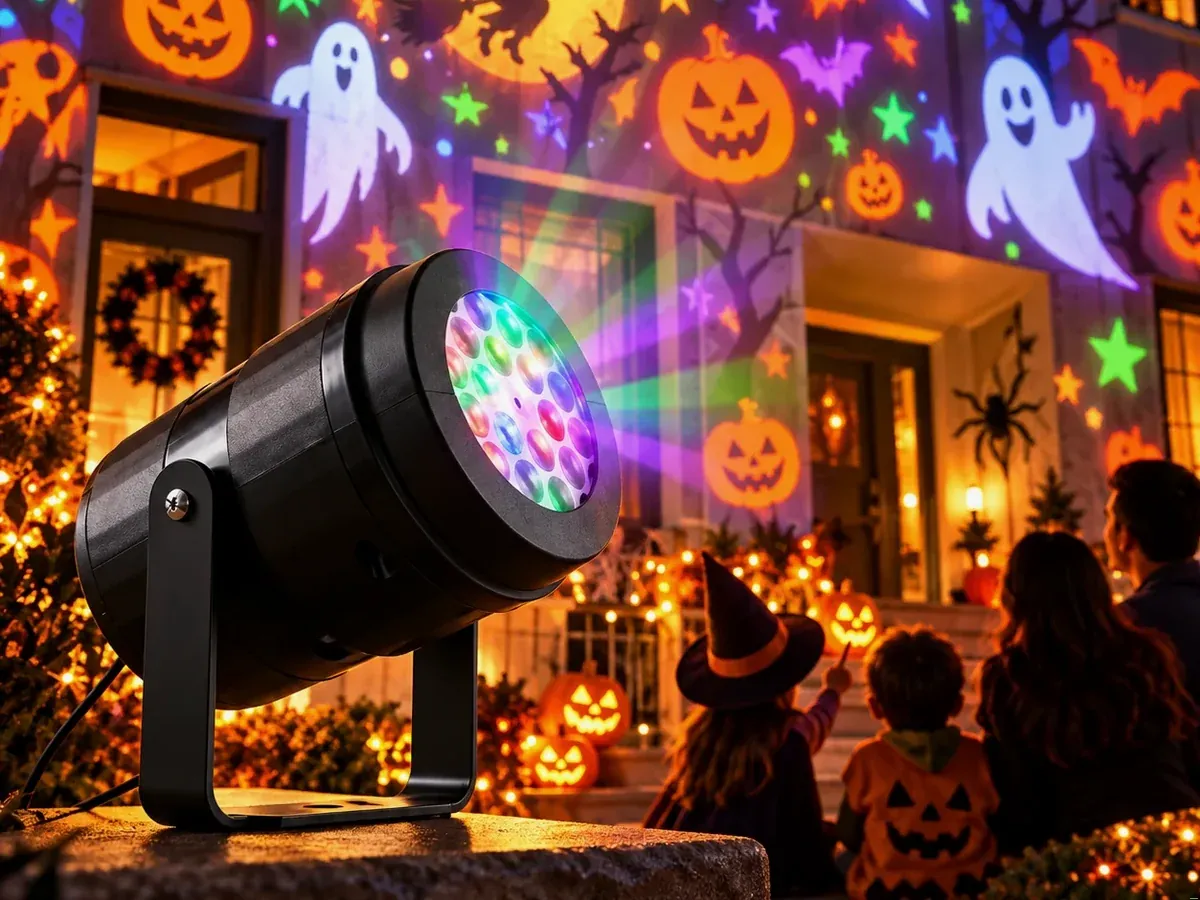 Holiday Prism Dual-Season Light Projector casting Halloween graphics on a front house wall